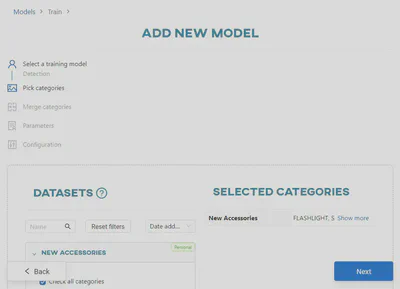 Select ‘Detection’ and then ‘New Accessories’ dataset