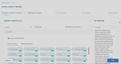 Wybierz zbiory danych i kategorie