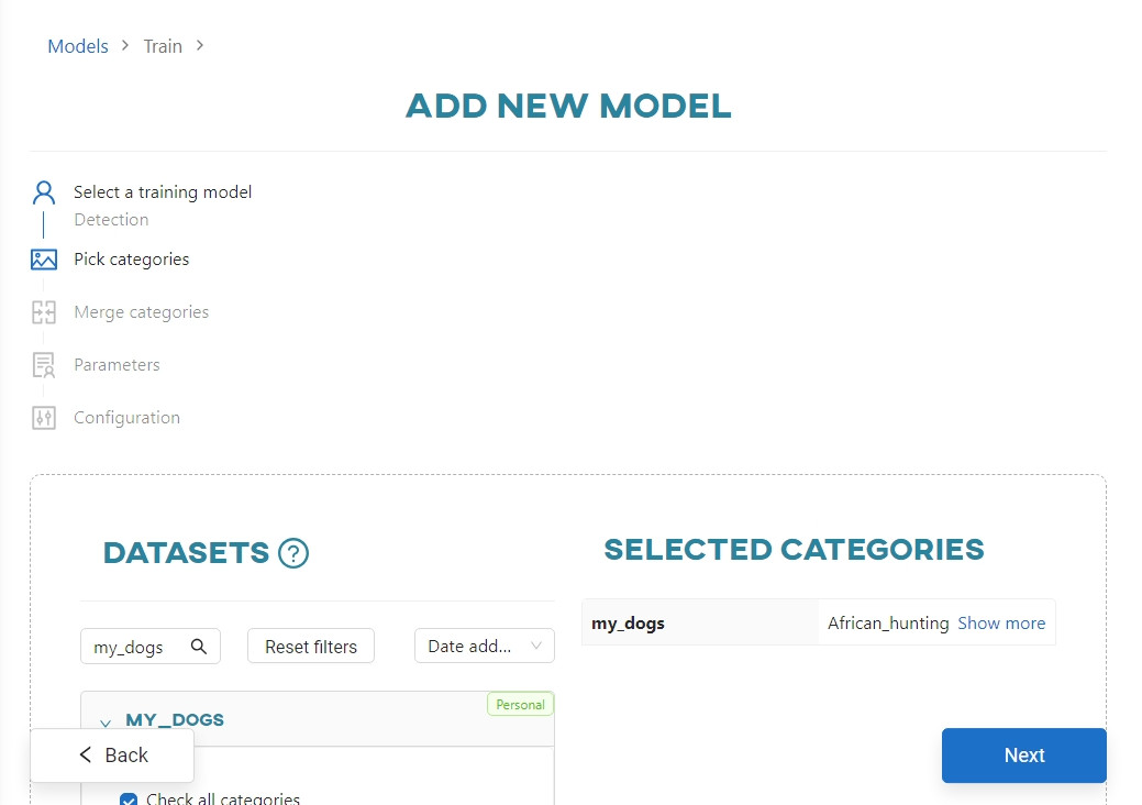 Choose datasets and categories