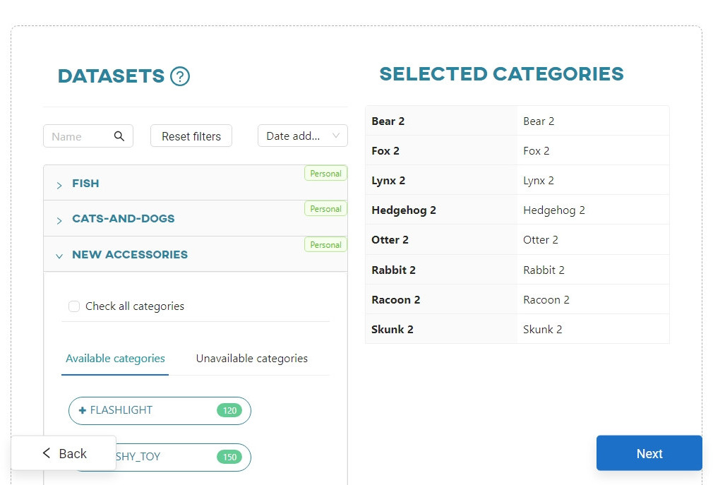 Choose datasets and categories